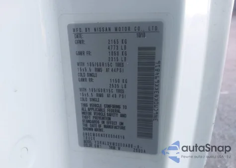 2019 Nissan Nv200 S z USA, uszkodzony, nr VIN 3N6CM0KN3KK694816